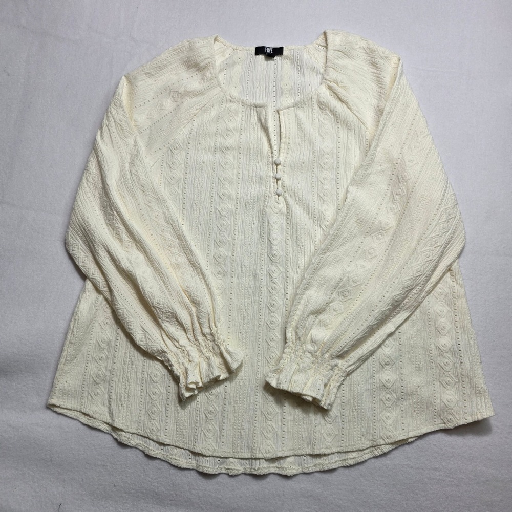 Frye Womens XL Ivory Textured Henley Blouse Ruffle Cuff Cream Top HLLS092